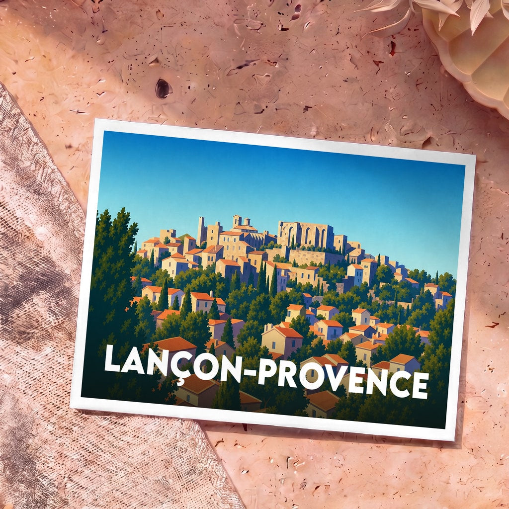 Carte postale souvenir de la ville de Lançon-Provence avec une illustration stylisée.
