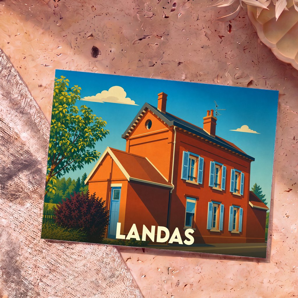 Carte postale souvenir de la ville de Landas avec une illustration stylisée d'une maison traditionnelle aux volets bleus.