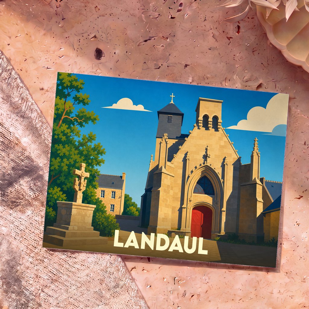 Carte postale souvenir de la ville de Landaul illustrant son église et un calvaire dans un style graphique épuré.