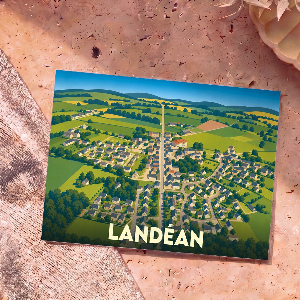 Carte postale souvenir de la ville de Landéan avec une illustration stylisée vue du ciel.