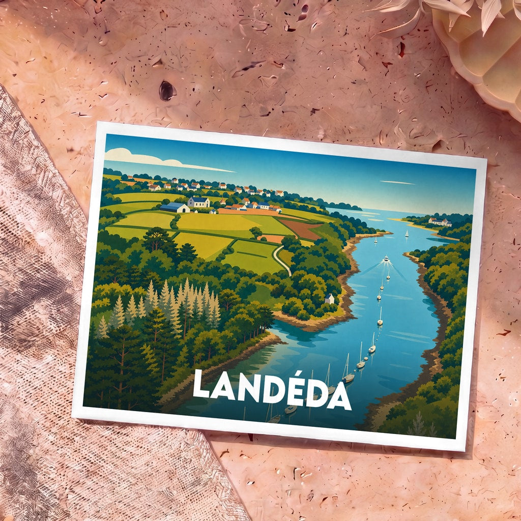 Carte postale souvenir de la ville de Landéda illustrant une vue aérienne stylisée de l'Aber-Wrac'h avec ses champs et ses bateaux.