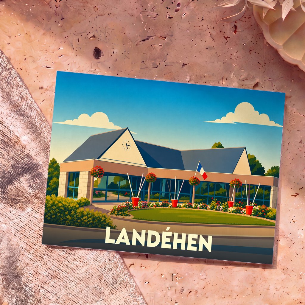 Carte postale souvenir de la ville de Landéhen avec une illustration stylisée de sa mairie.