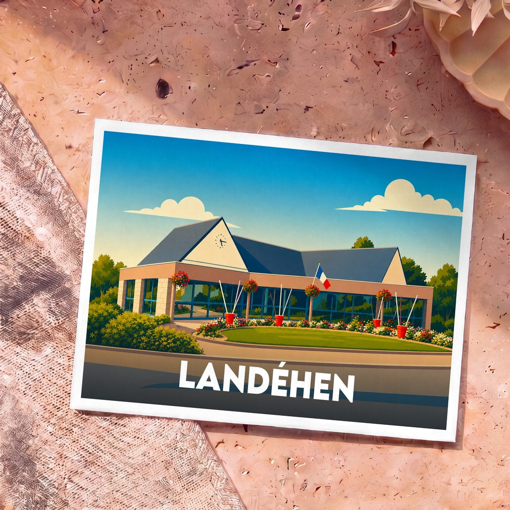 Carte postale souvenir de la ville de Landéhen avec une illustration stylisée de sa mairie.