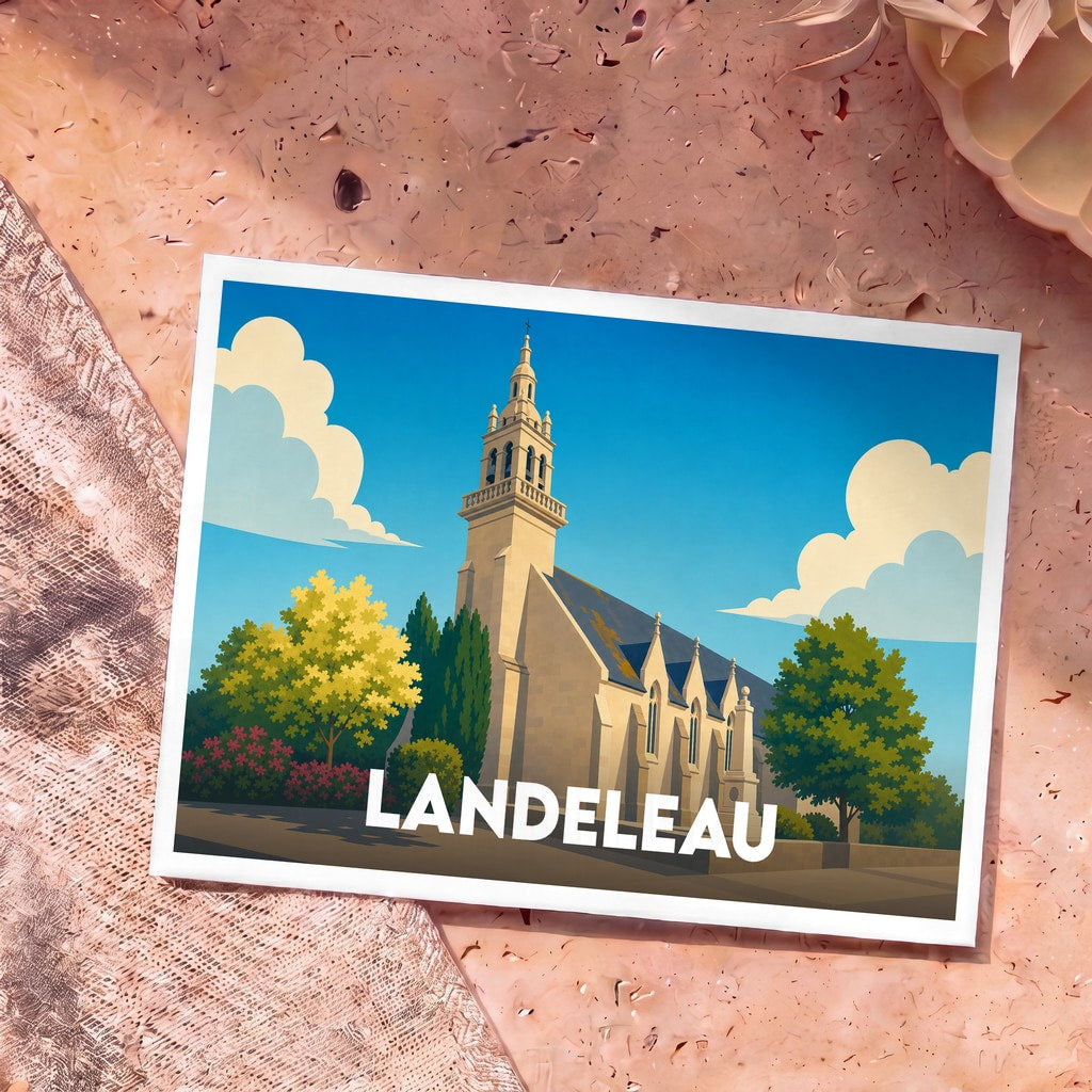 Carte postale souvenir de la ville de Landeleau avec une illustration stylisée de son église.