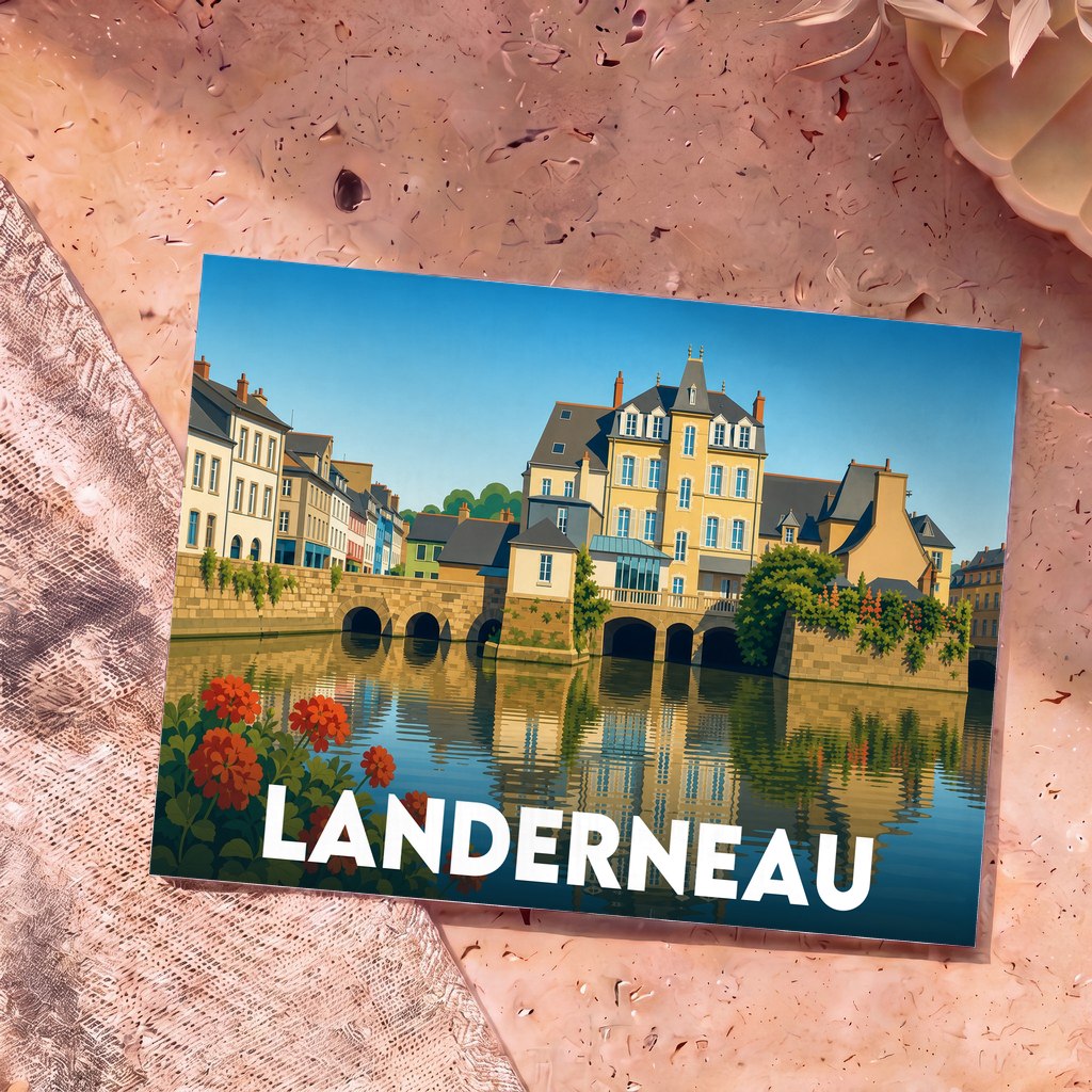Carte postale souvenir de la ville de Landerneau arborant une illustration stylisée de son célèbre pont habité se reflétant dans l'eau.