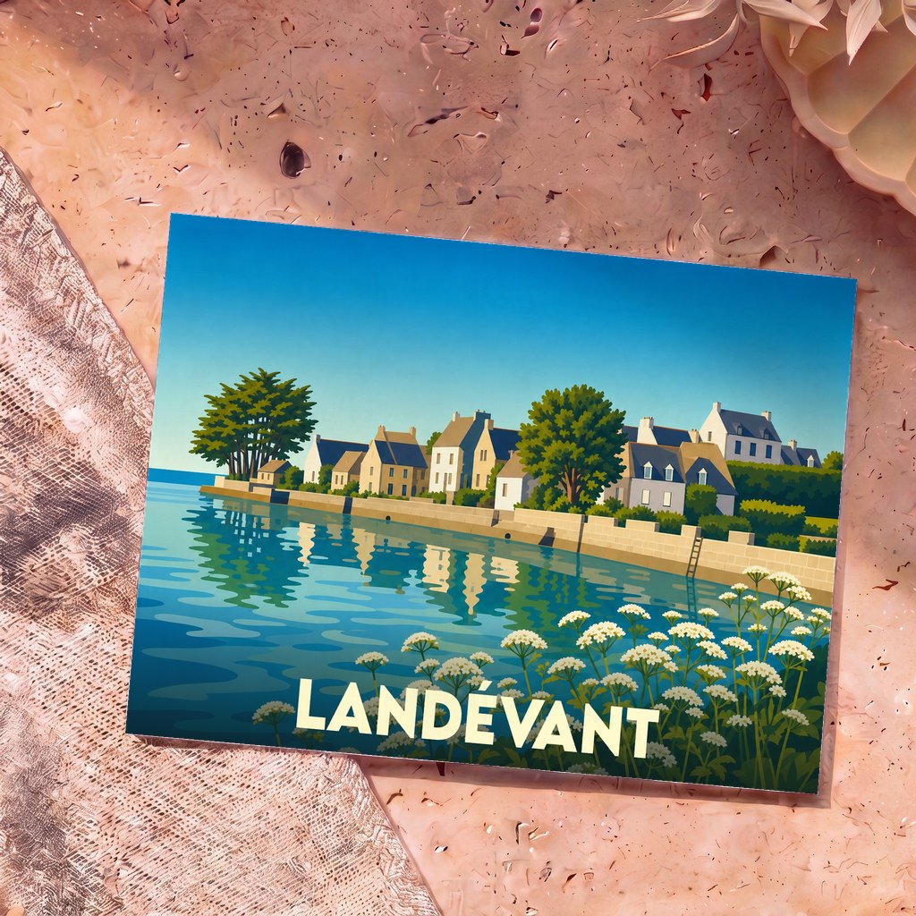 Carte postale souvenir de la ville de Landévant avec une illustration stylisée de son front de mer.