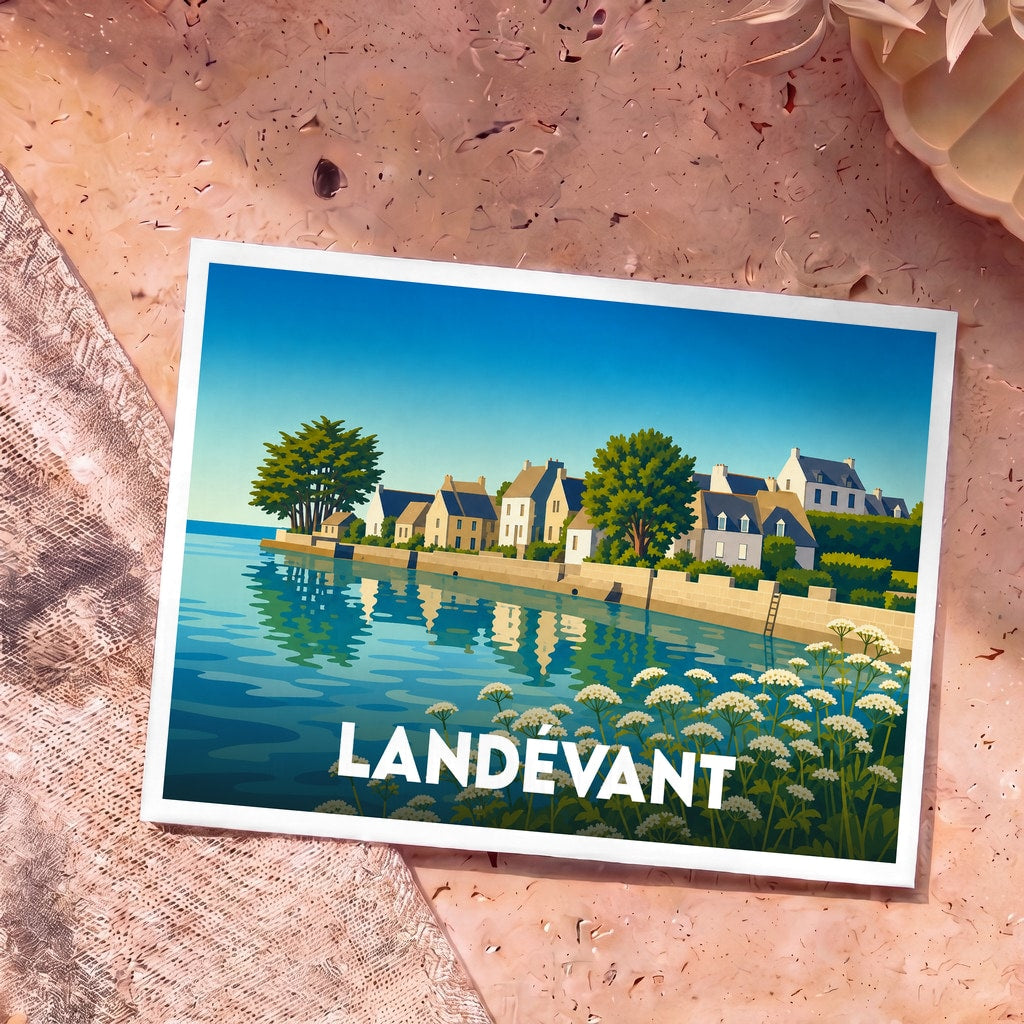 Carte postale souvenir de la ville de Landévant avec une illustration stylisée d'un front de mer fleuri.
