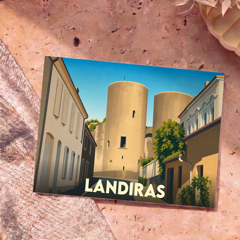 Carte postale souvenir de la ville de Landiras illustrant ses tours historiques dans un style graphique épuré.