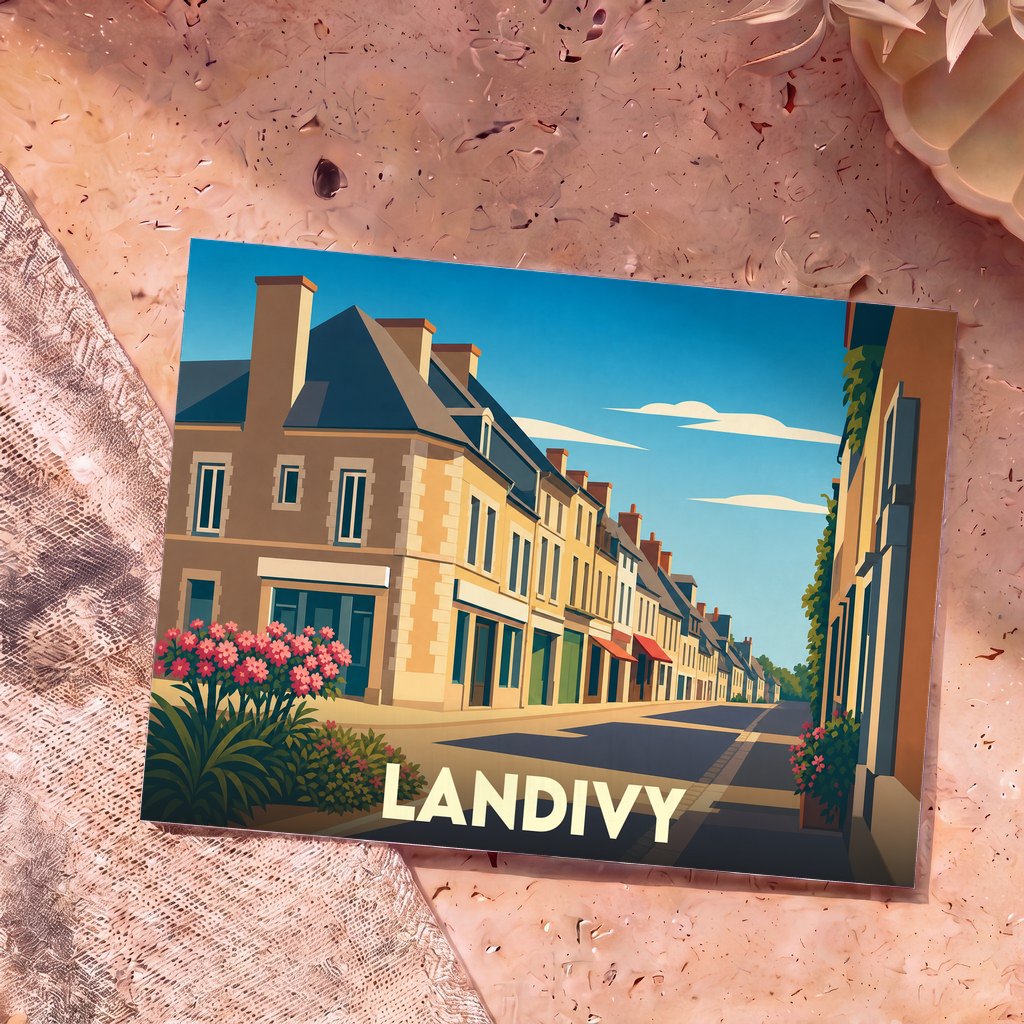 Carte postale souvenir de la ville de Landivy avec une illustration stylisée d'une rue commerçante.
