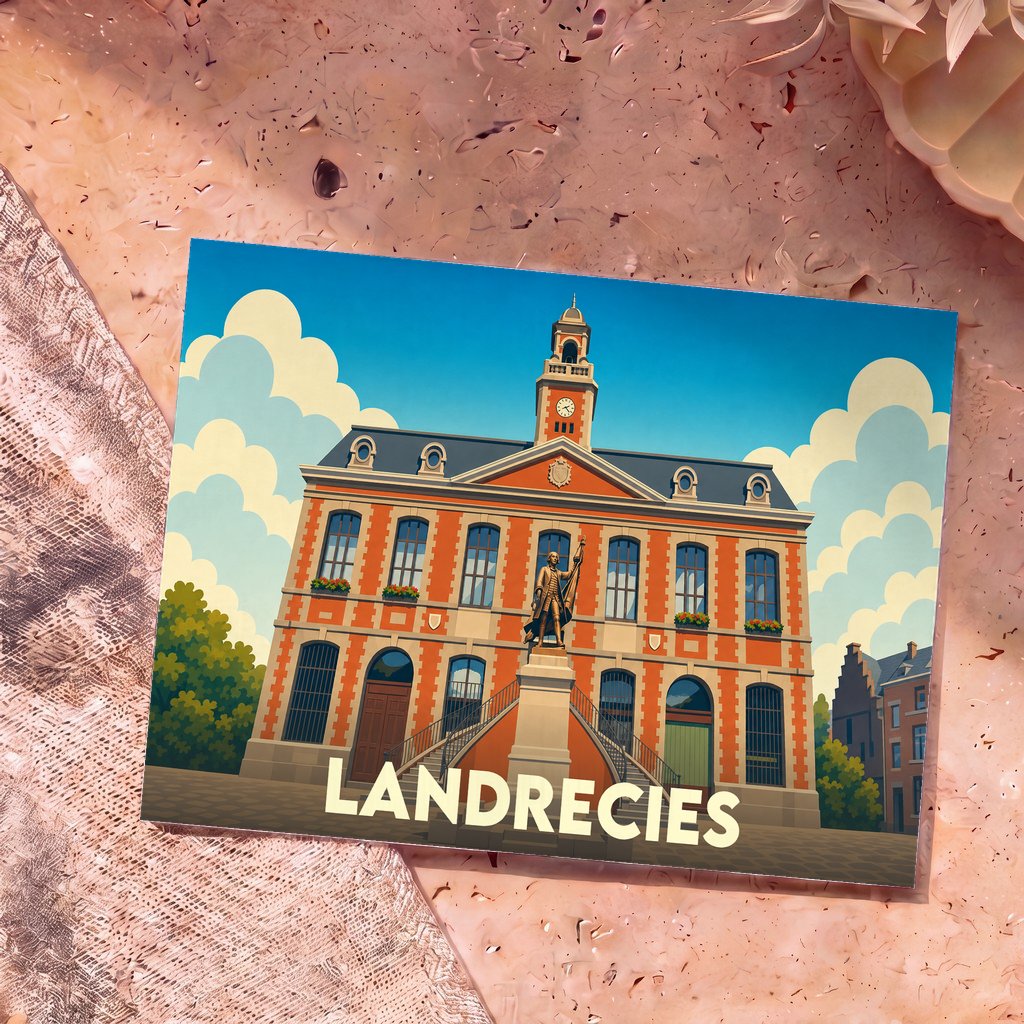 Carte postale souvenir de la ville de Landrecies avec une illustration stylisée de son hôtel de ville.