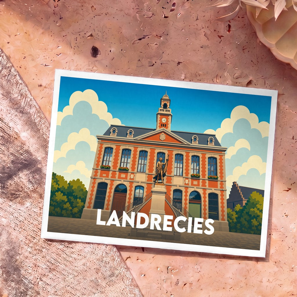 Carte postale souvenir de la ville de Landrecies avec une illustration stylisée de son hôtel de ville.