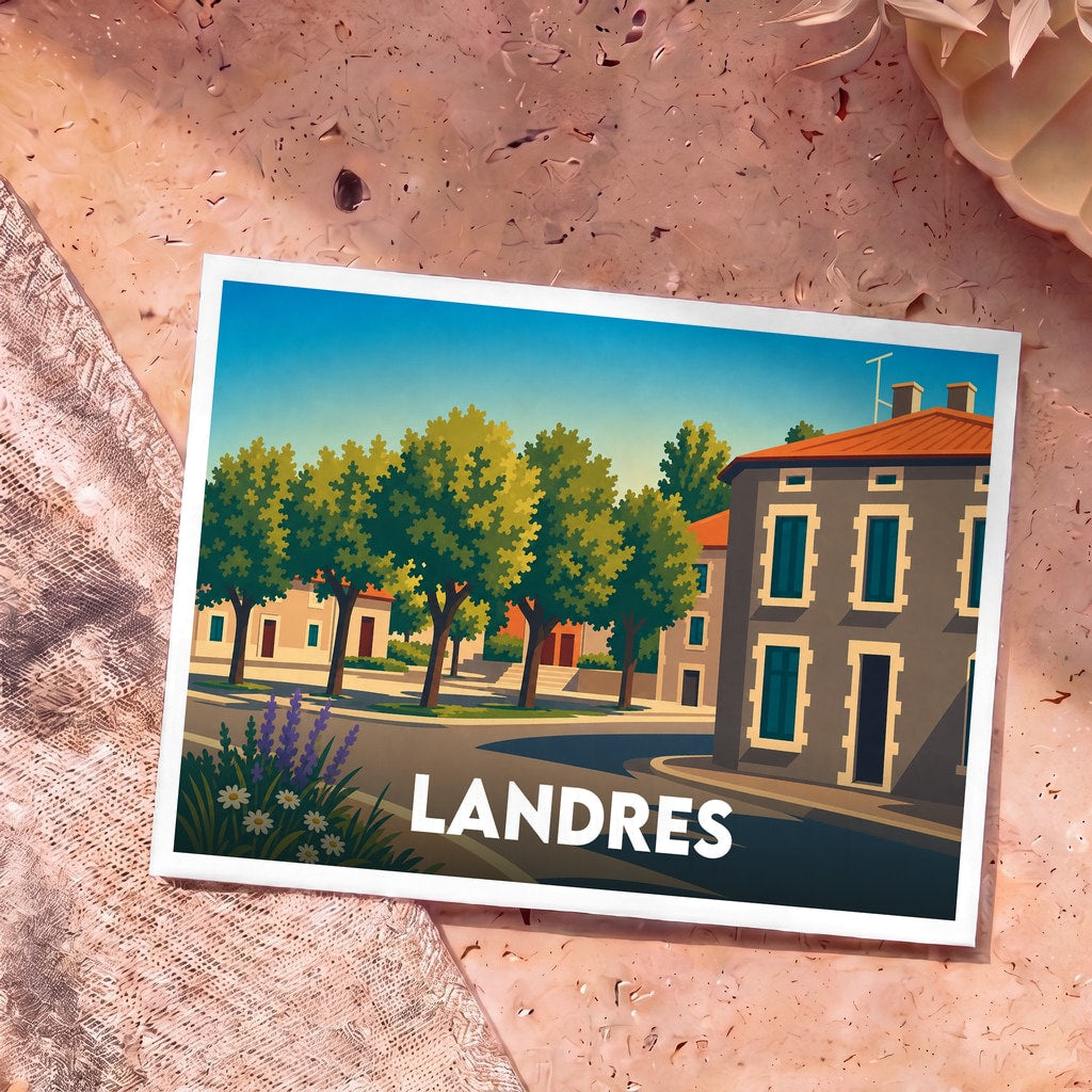 Carte postale souvenir de la ville de Landres illustrée par un dessin stylisé de sa place arborée et de ses bâtiments.