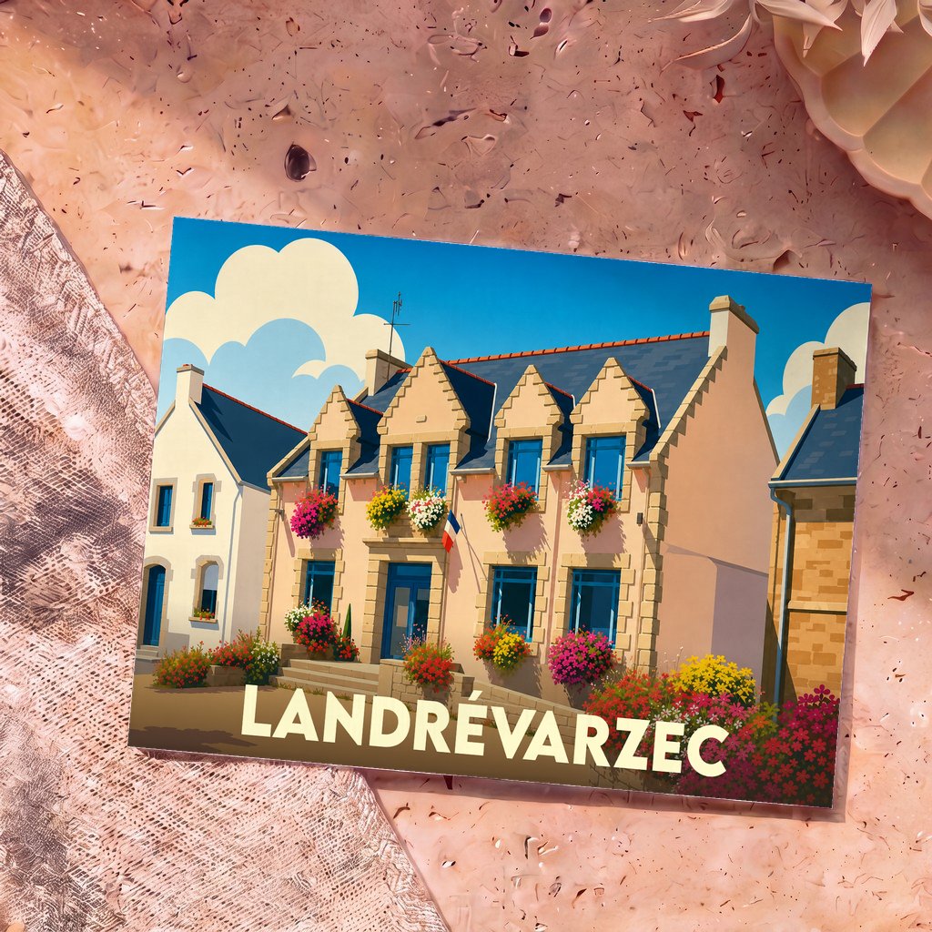 Carte postale souvenir de la ville de Landrévarzec avec une illustration stylisée d'une maison fleurie.