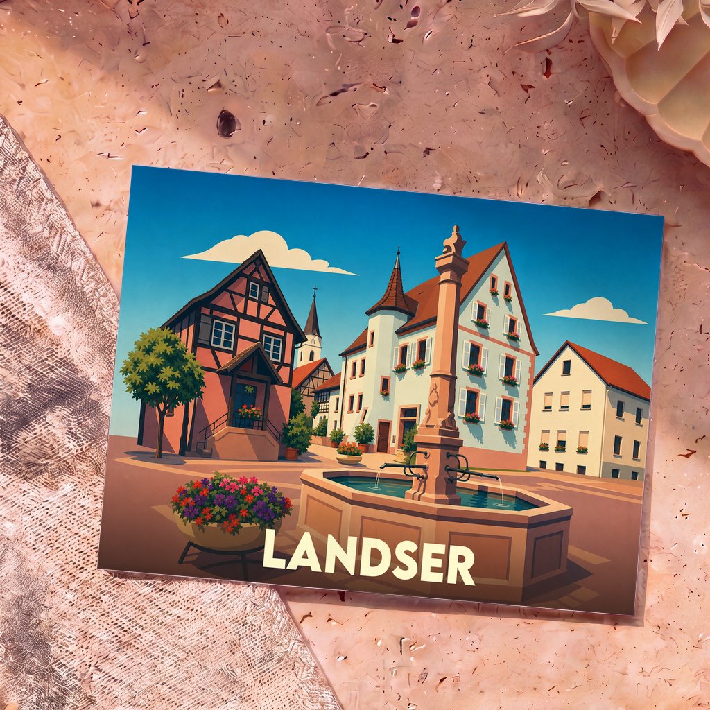 Carte postale souvenir de la ville de Landser représentant une place de village pittoresque avec sa fontaine centrale.