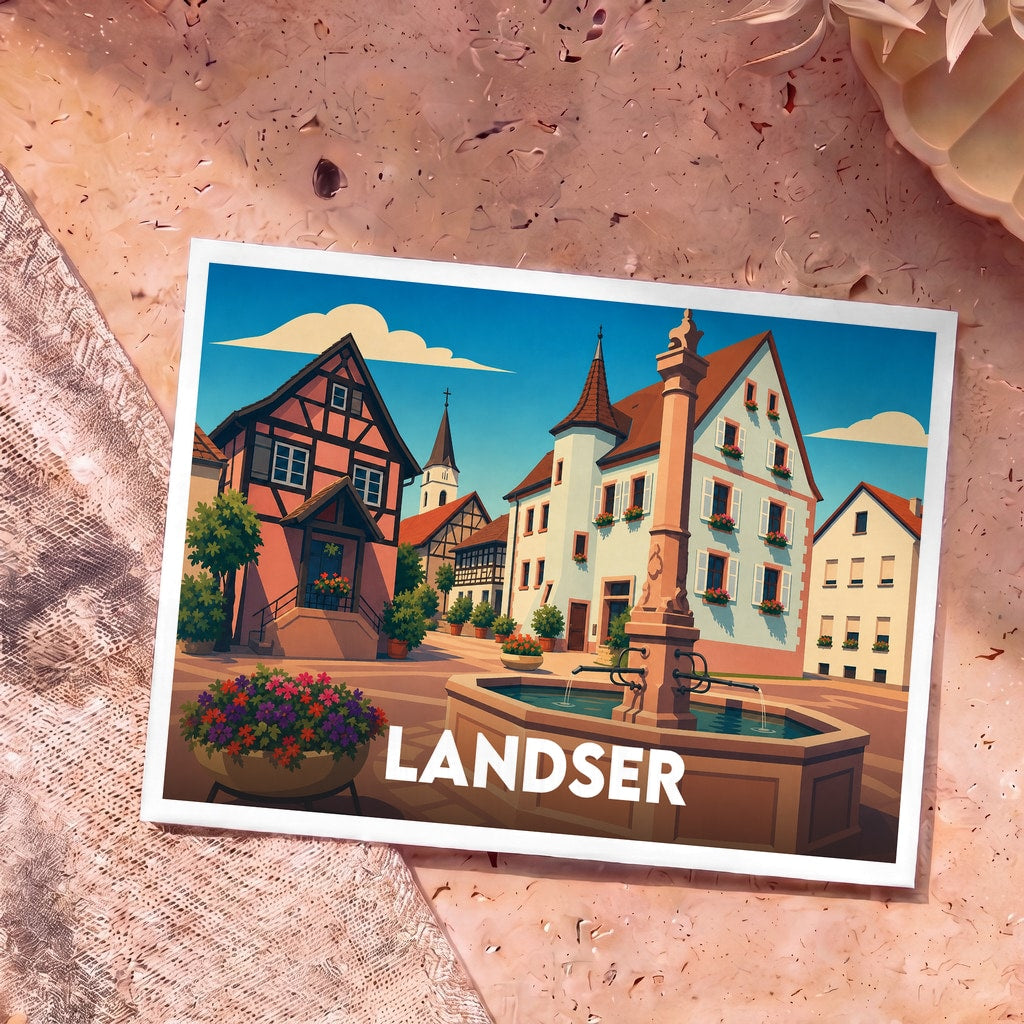 Carte postale souvenir de la ville de Landser représentant une place de village pittoresque avec sa fontaine centrale.