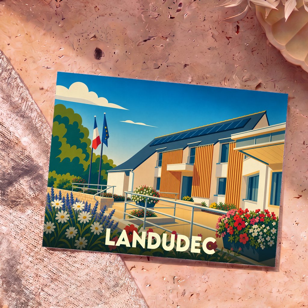 Carte postale souvenir de la ville de Landudec avec une illustration stylisée de sa mairie fleurie.