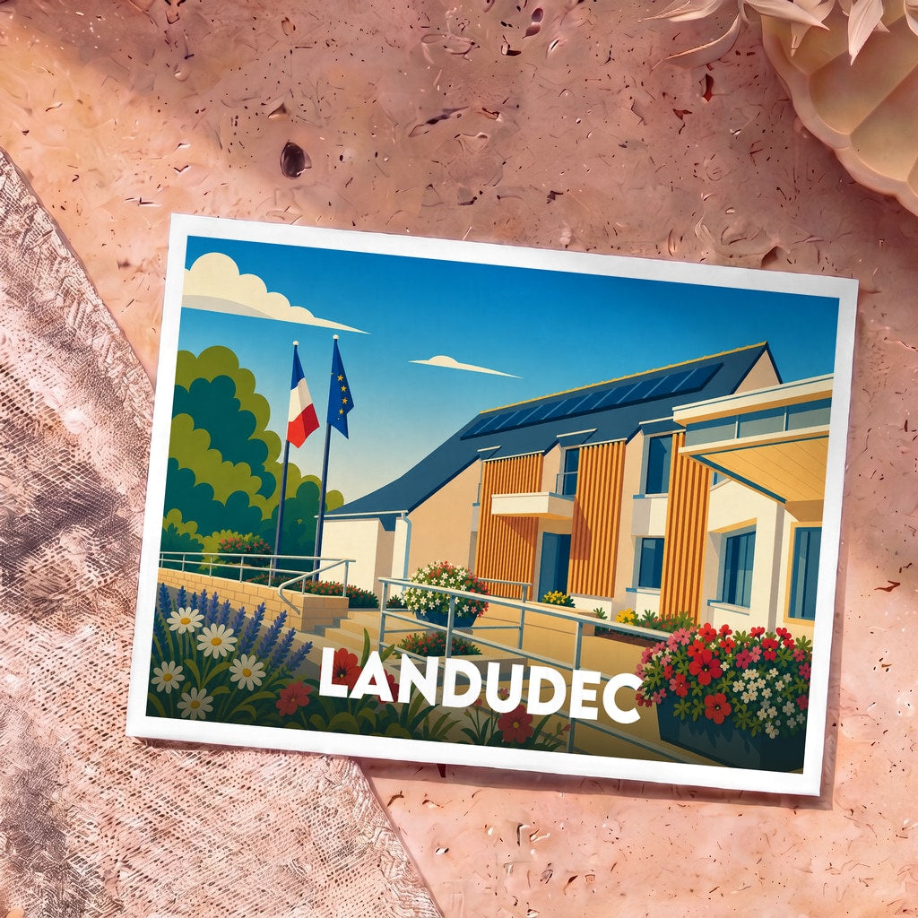 Carte postale souvenir de la ville de Landudec avec une illustration stylisée de sa mairie fleurie.