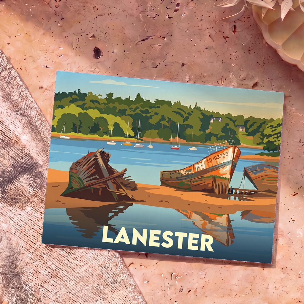 Carte postale souvenir de la ville de Lanester illustrant le cimetière de bateaux de Kerhervy dans un style graphique épuré.