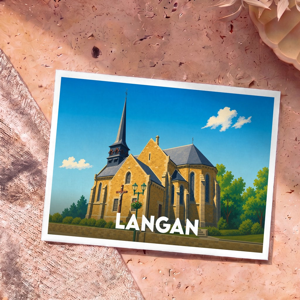 Carte postale souvenir de la ville de Langan avec une illustration stylisée de son église sous un ciel bleu.