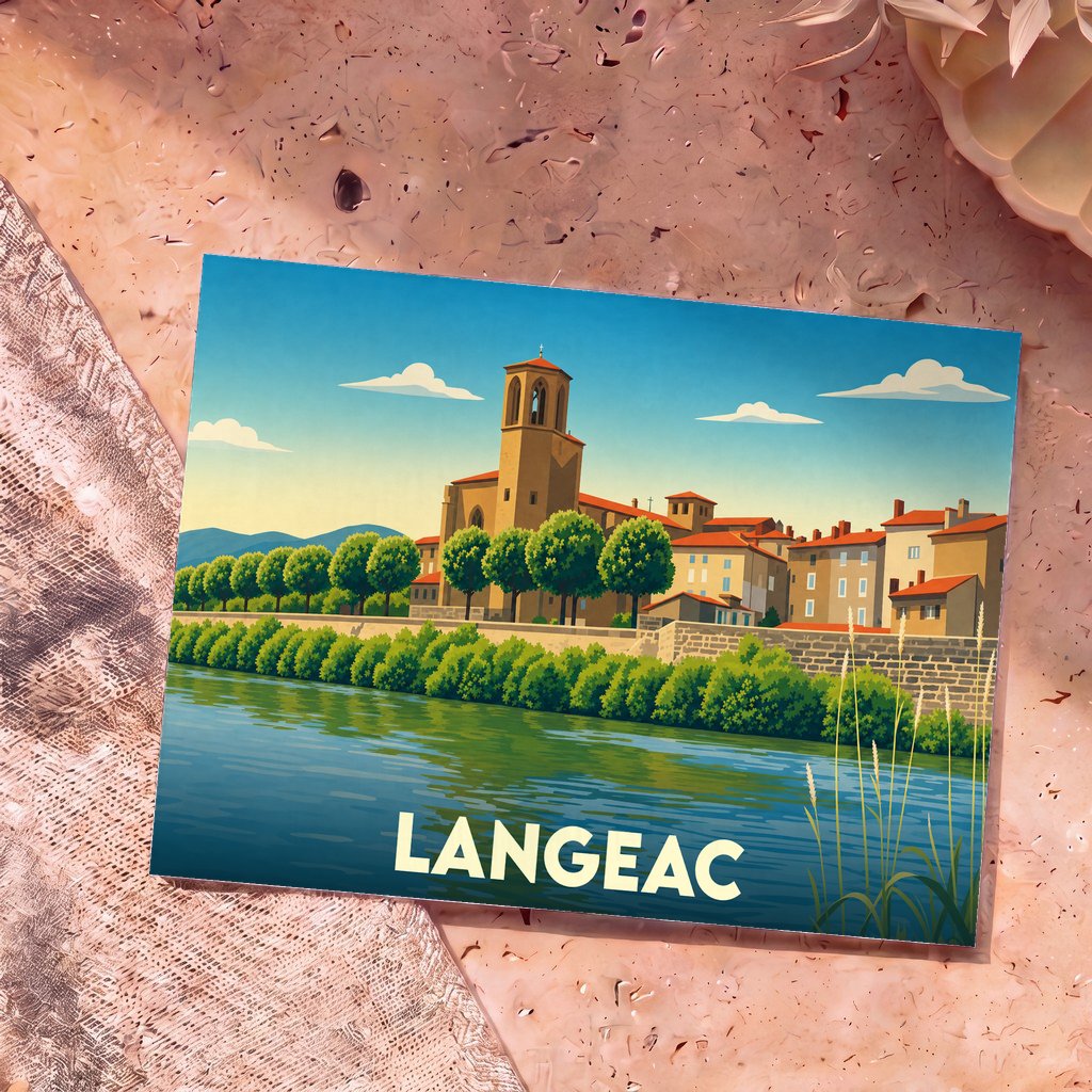 Carte postale souvenir de la ville de Langeac avec une illustration stylisée des bords de l'Allier et de son église.