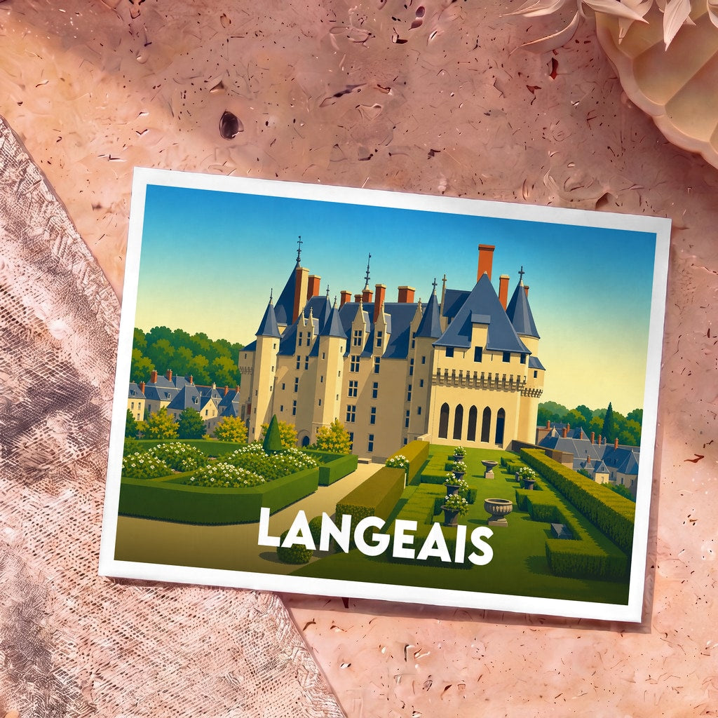 Carte postale souvenir de la ville de Langeais avec une illustration stylisée de son château et de ses jardins.