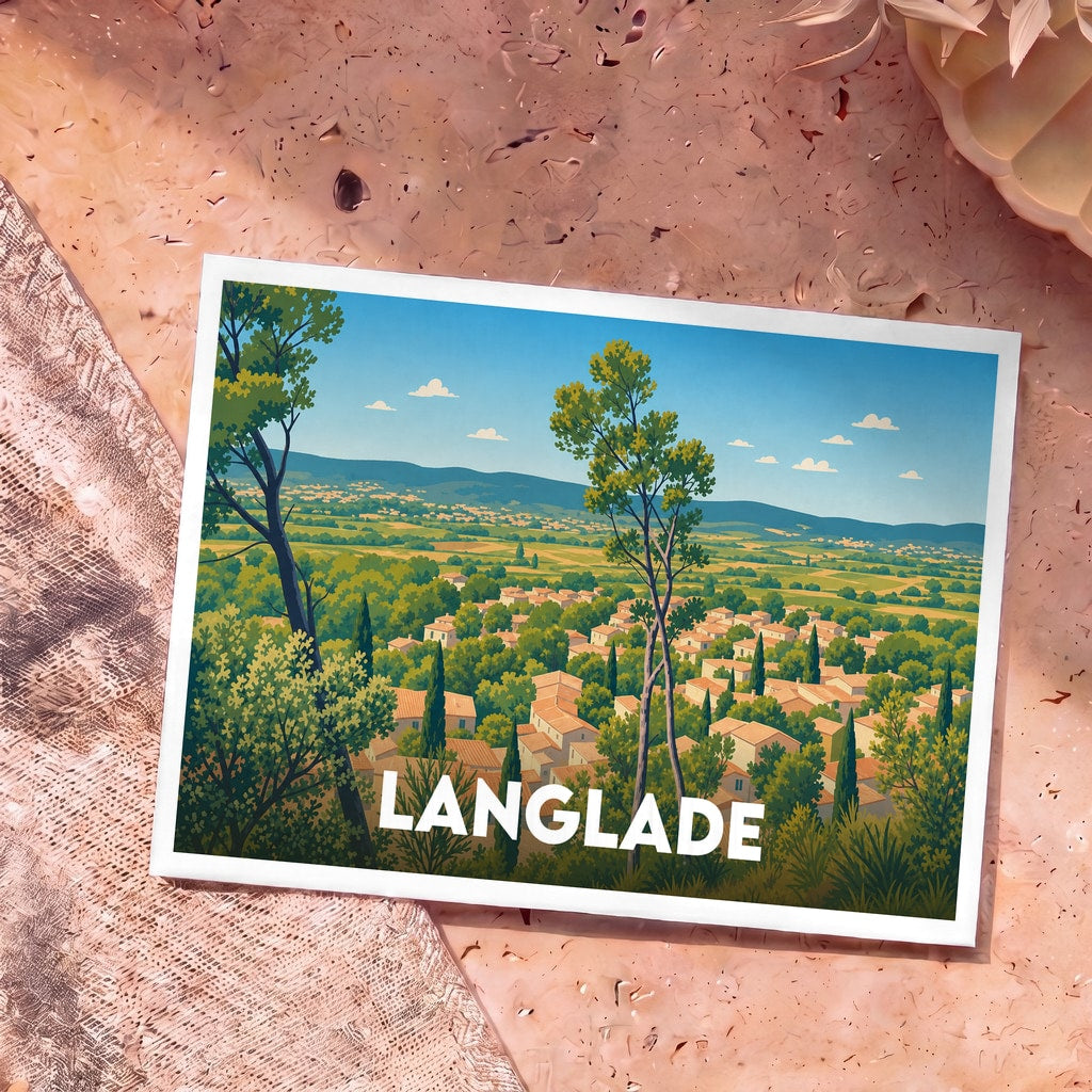 Carte postale souvenir de la ville de Langlade présentant une illustration stylisée d'un village provençal niché dans la verdure.