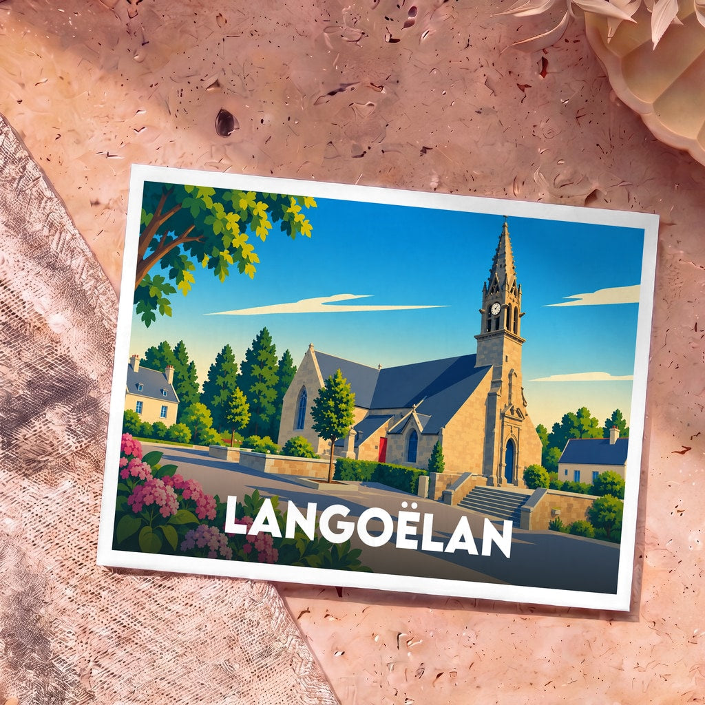 Carte postale souvenir de la ville de Langoëlan illustrant son église sous un ciel bleu.