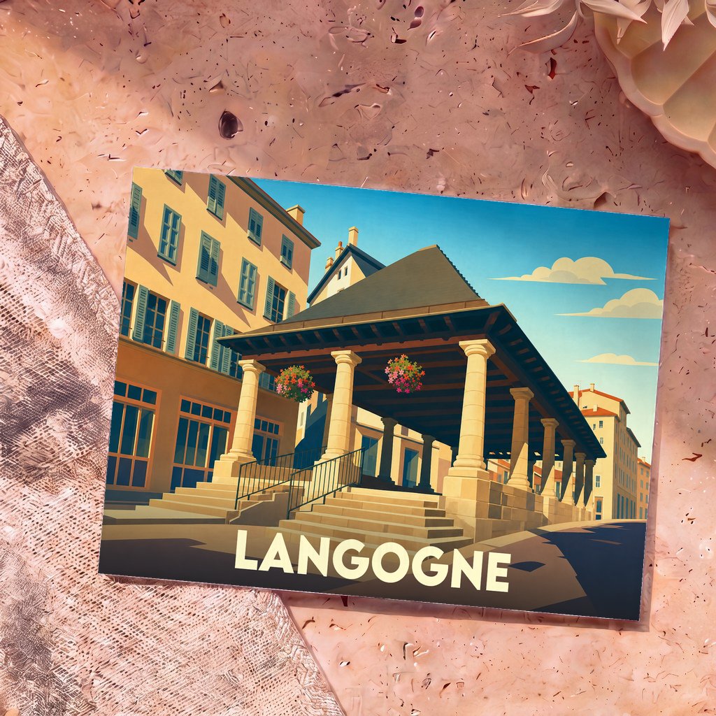 Carte postale souvenir de la ville de Langogne illustrant ses halles historiques dans un style graphique épuré.