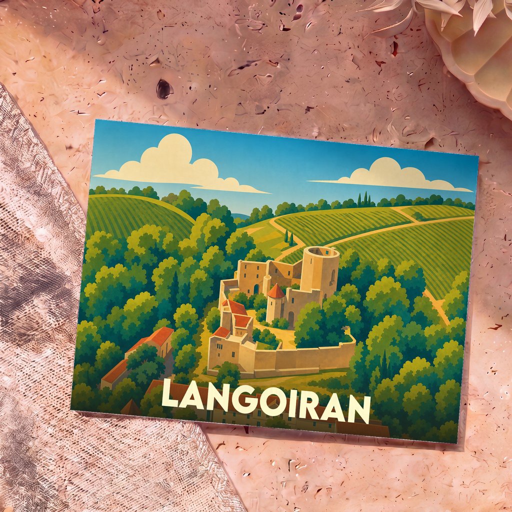Carte postale souvenir de la ville de Langoiran illustrant son château et ses vignobles dans un style graphique épuré.