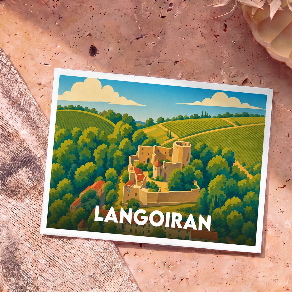 Carte postale souvenir de la ville de Langoiran illustrant son château et ses vignobles dans un style graphique épuré.