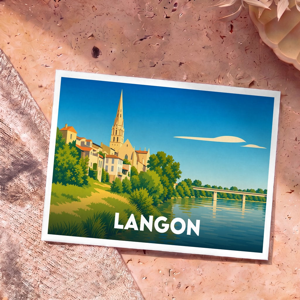 Carte postale souvenir de la ville de Langon avec une illustration stylisée des bords de la Garonne et de l'église Saint-Gervais.