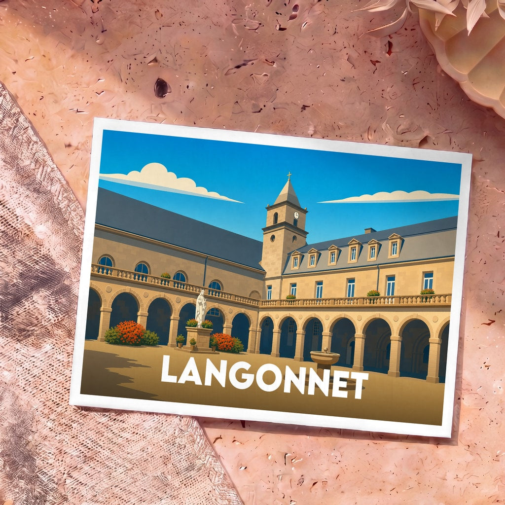 Carte postale souvenir de la ville de Langonnet avec une illustration stylisée de son abbaye.