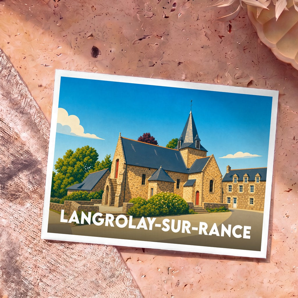 Carte postale souvenir de la ville de Langrolay-sur-Rance avec une illustration stylisée de son église en pierre.