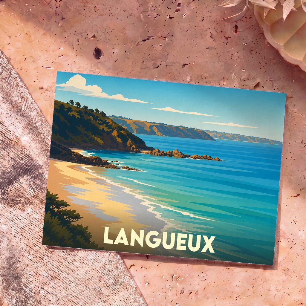 Carte postale souvenir de la ville de Langueux avec une illustration stylisée de son littoral et de sa plage.