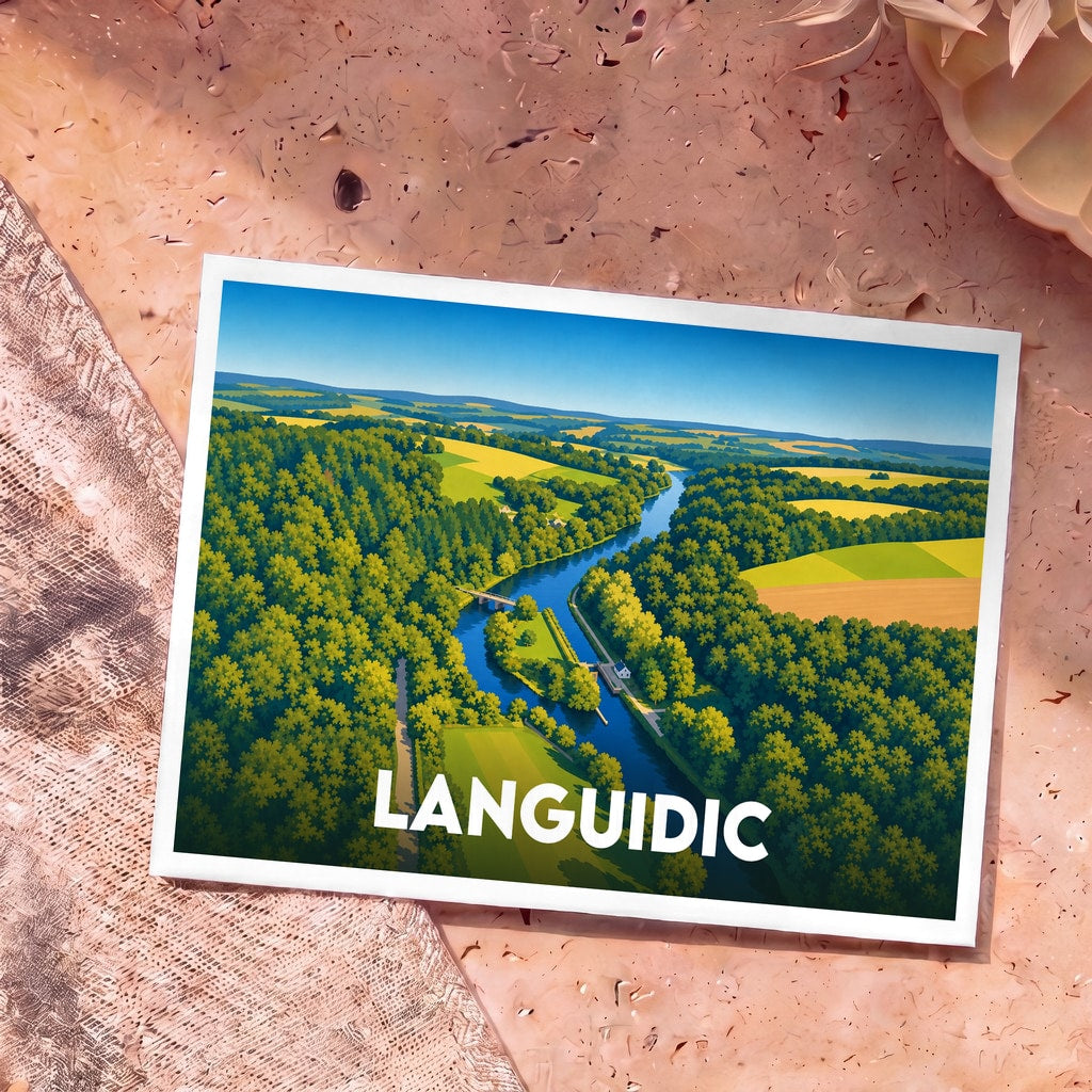 Carte postale souvenir de la ville de Languidic avec une illustration stylisée représentant un paysage de rivière et de campagne.