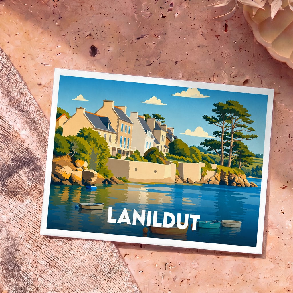 Carte postale souvenir de la ville de Lanildut avec une illustration stylisée de son front de mer.