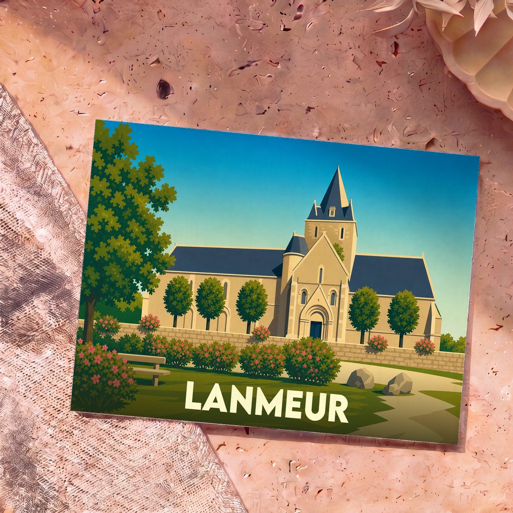Carte postale souvenir de la ville de Lanmeur avec une illustration stylisée de son église et de ses jardins.