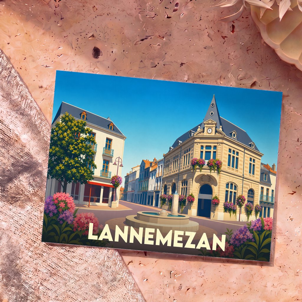 Carte postale souvenir de la ville de Lannemezan avec une illustration stylisée d'une place ensoleillée.