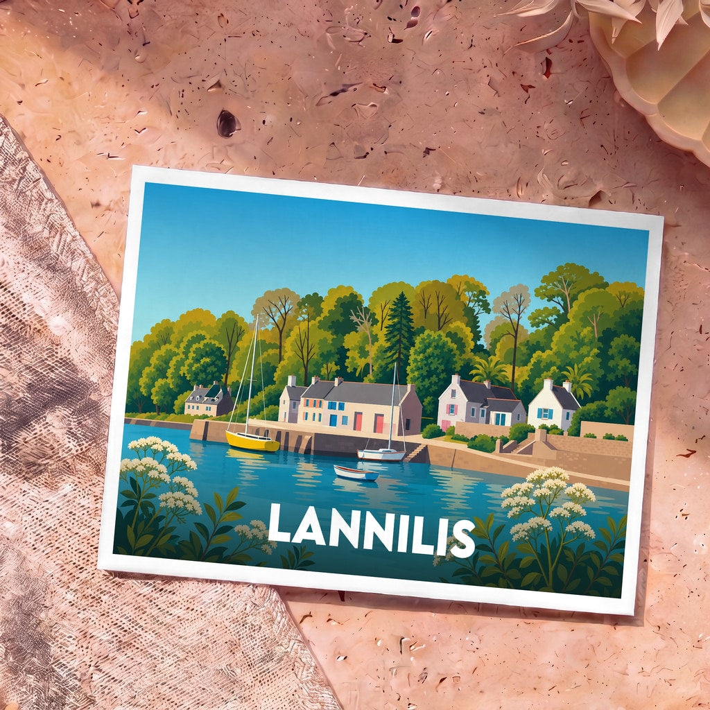 Carte postale souvenir de la ville de Lannilis avec une illustration stylisée d'un port breton bordé d'arbres.