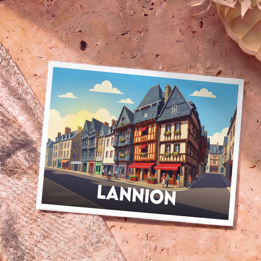 Carte postale souvenir de la ville de Lannion illustrant ses maisons à colombages dans un style graphique épuré.