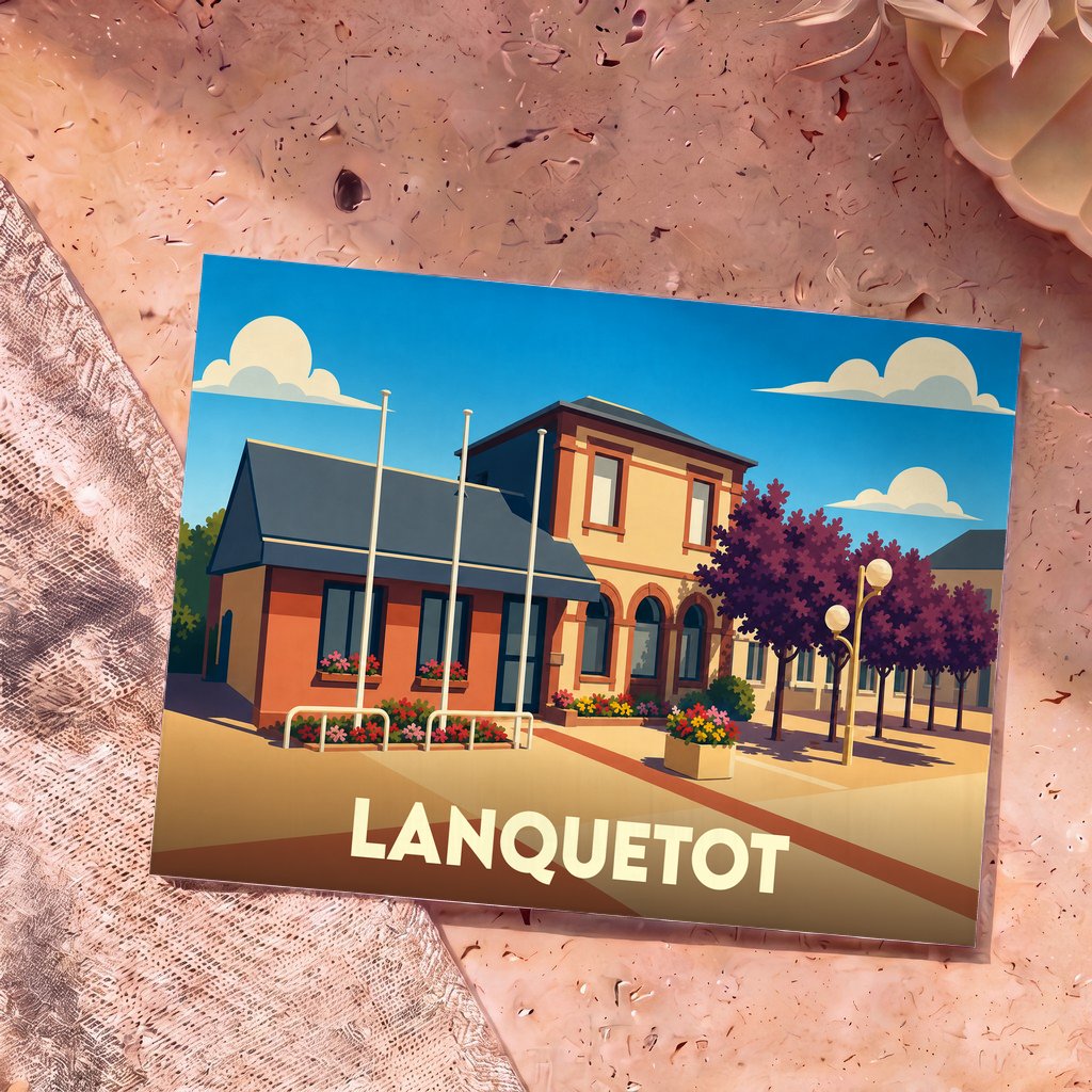 Carte postale souvenir de la ville de Lanquetot avec une illustration stylisée et colorée de la mairie.