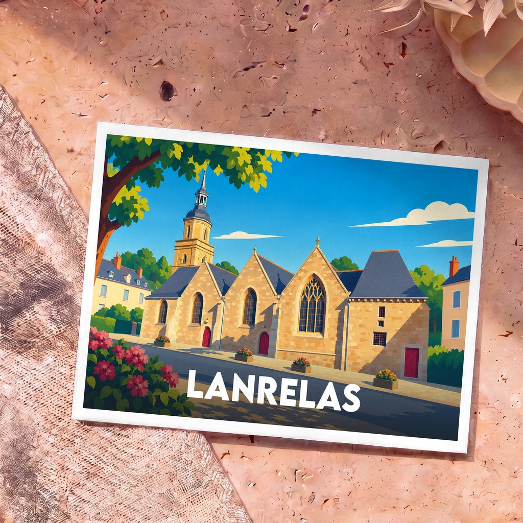 Carte postale souvenir de la ville de Lanrelas avec une illustration colorée de son église.
