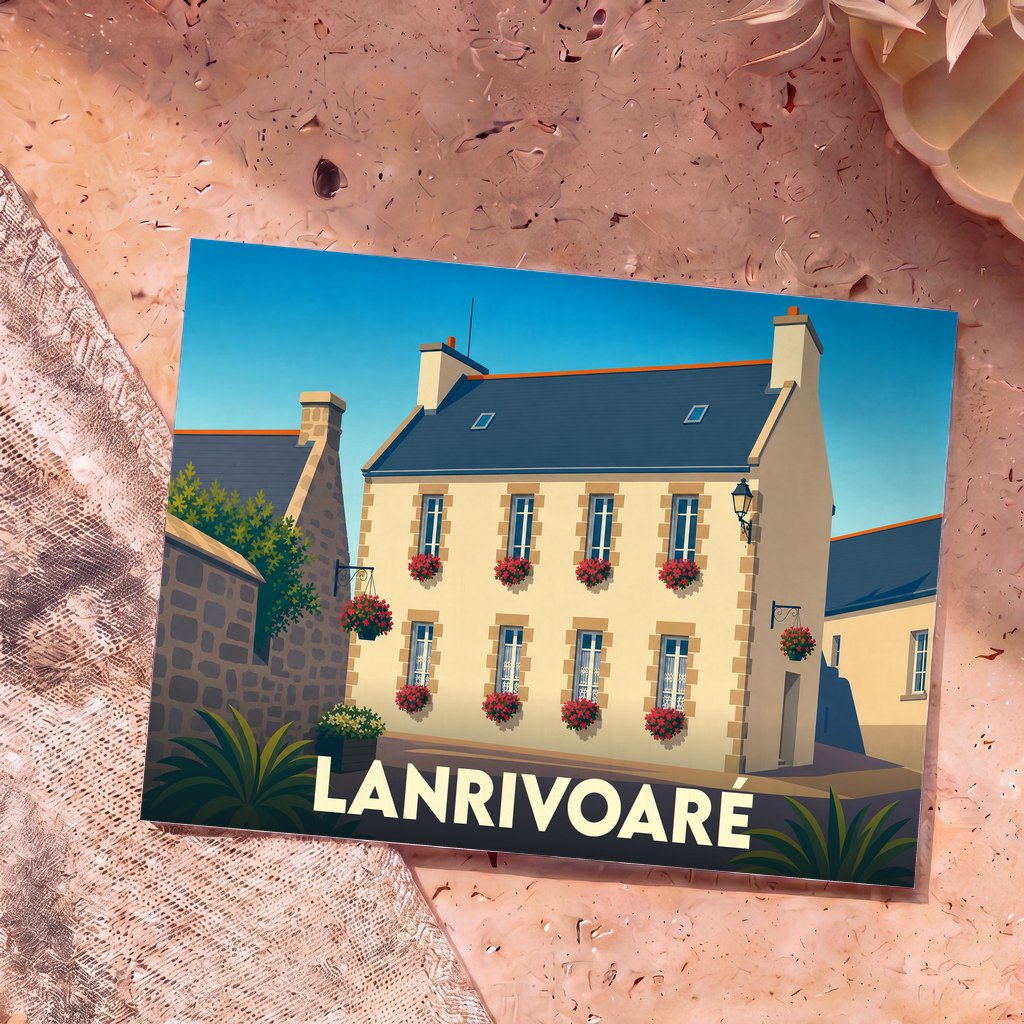 Carte postale souvenir de la ville de Lanrivoaré illustrant une maison bretonne fleurie au style graphique épuré.