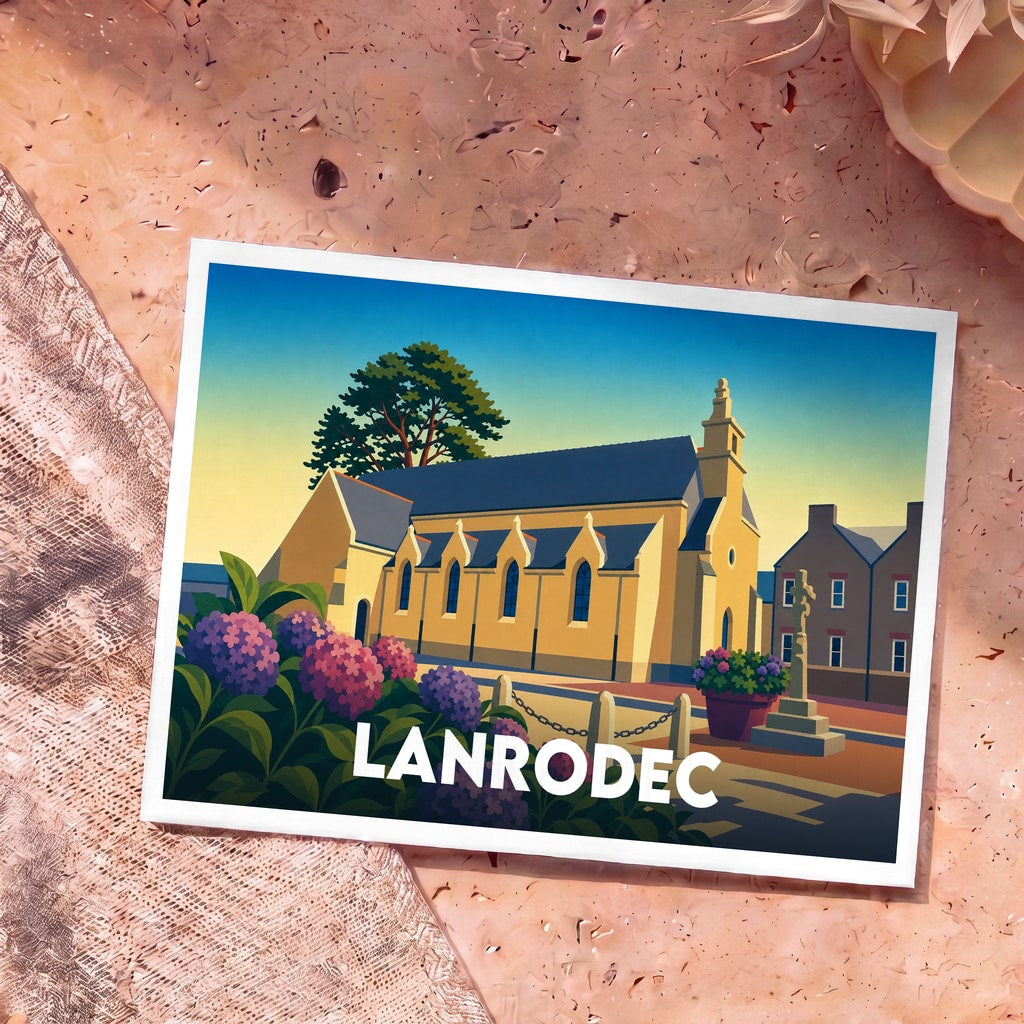 Carte postale souvenir de la ville de Lanrodec avec une illustration stylisée de son église et de ses hortensias.