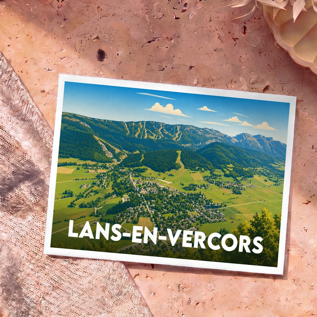 Carte postale souvenir de la ville de Lans-en-Vercors illustrant un paysage de montagne verdoyant.