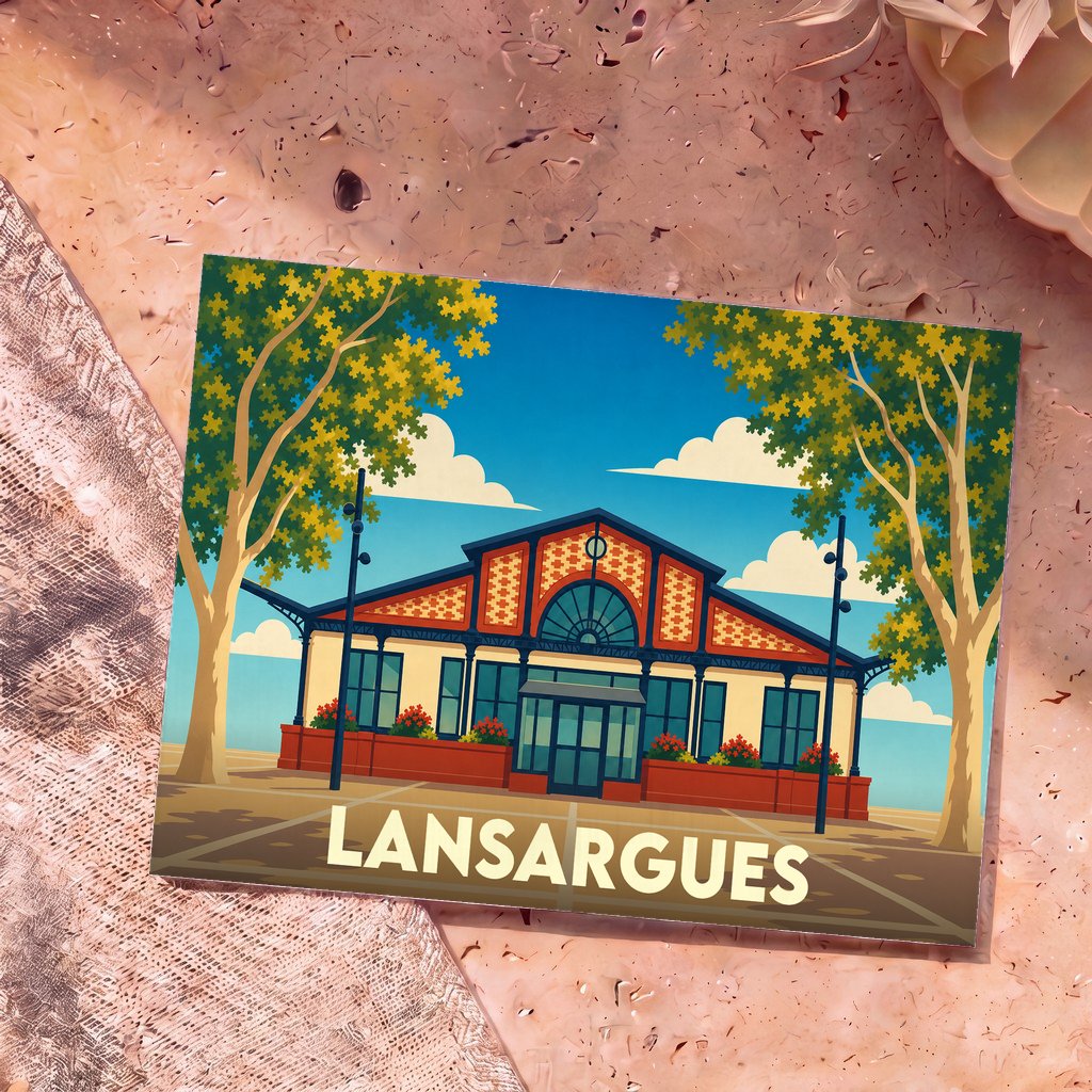Carte postale souvenir de la ville de Lansargues avec une illustration stylisée de ses halles.