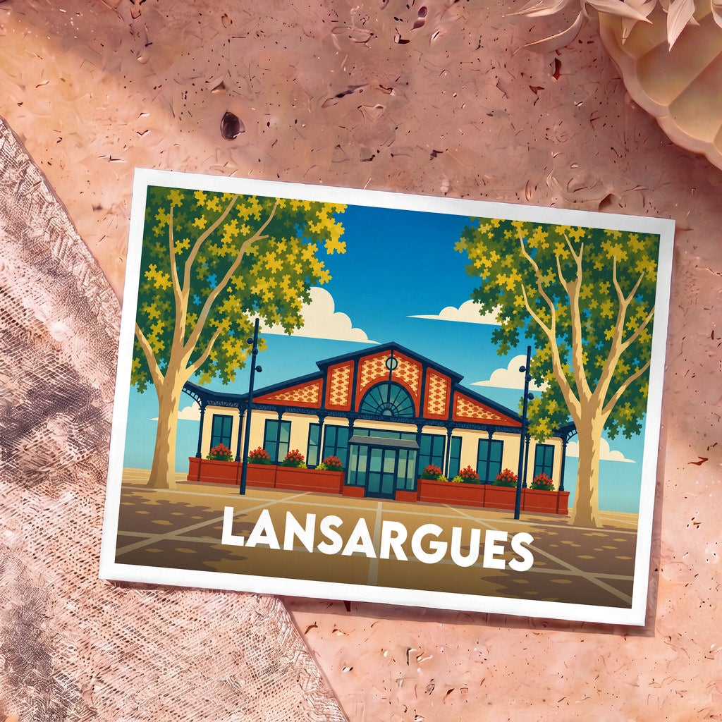 Carte postale souvenir de la ville de Lansargues avec une illustration stylisée de ses halles.