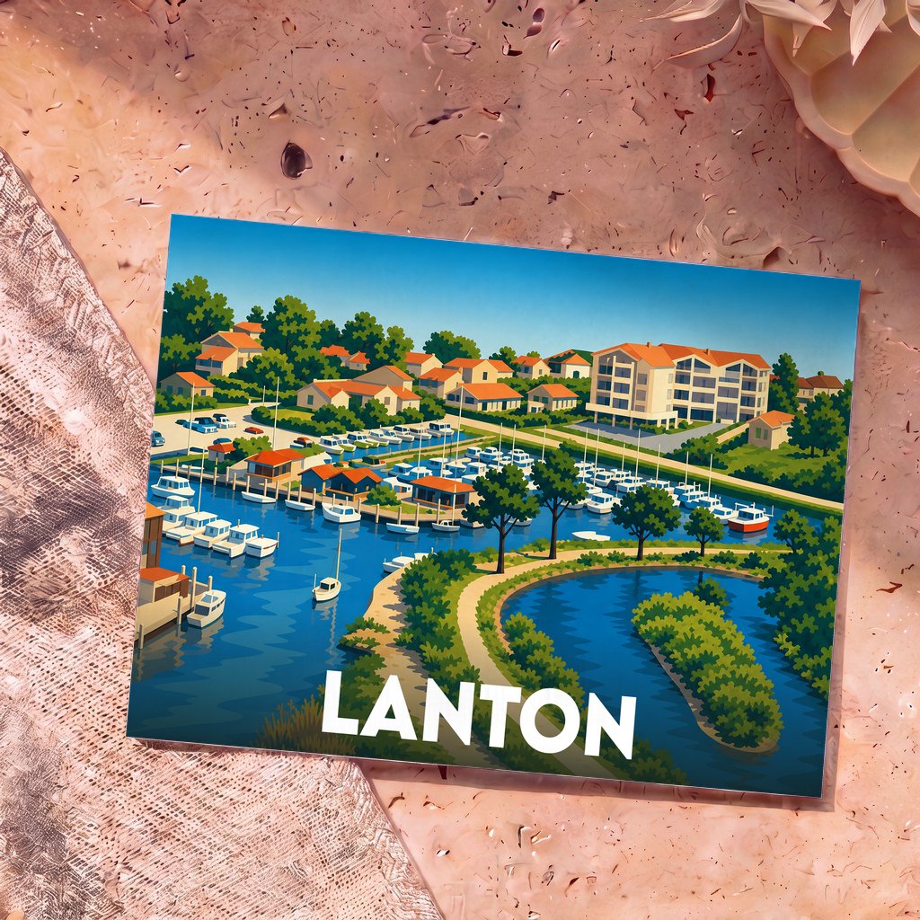 Carte postale souvenir de la ville de Lanton avec une illustration stylisée de son port et de ses habitations.