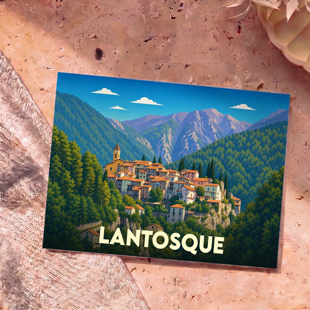 Carte postale souvenir de la ville de Lantosque illustrant un village de montagne niché dans la forêt.
