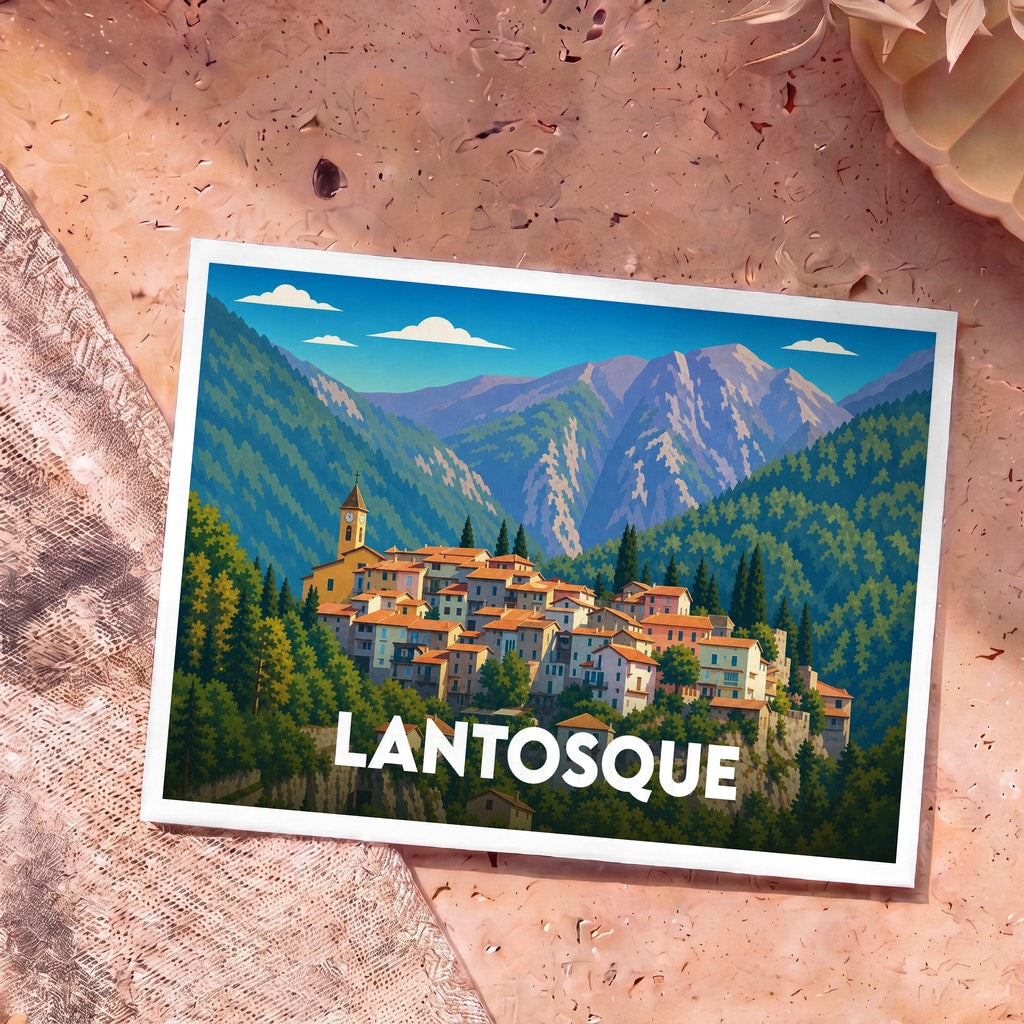 Carte postale souvenir de la ville de Lantosque illustrant un village de montagne niché dans la forêt.